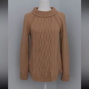 Talbots Cable Knit Sweater M Beige Carmel 100% Cotton Ribbed Crochet Mock Top